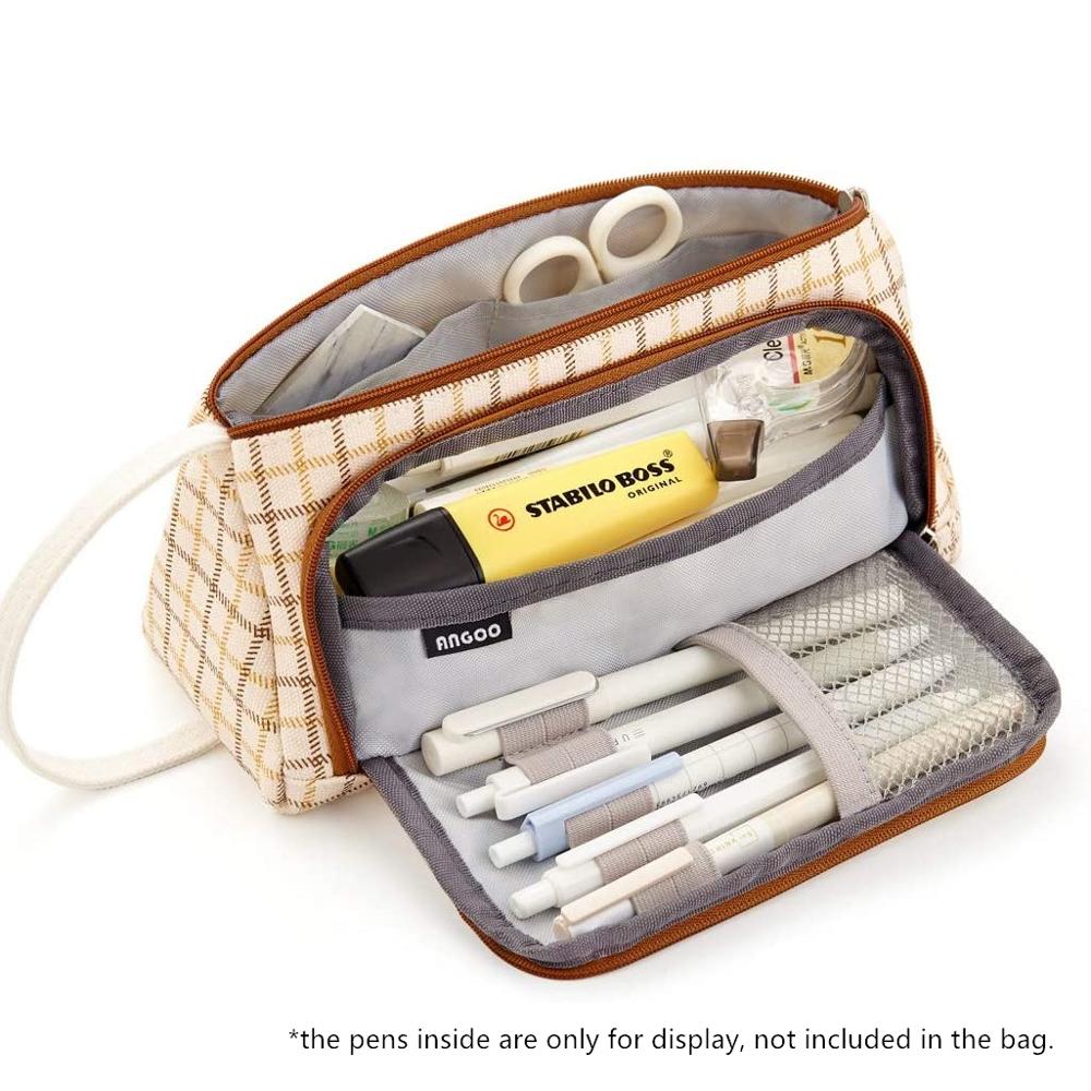Angoo Special Grid Pen Pencil Case, Multi Slot Plaid Storage Bag, Big Organizer for Students Art Tool Kits: Plaid Brown