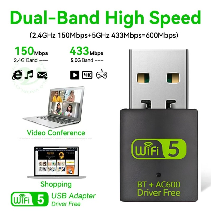 Adapter USB WiFi Bluetooth 600Mbps Dongle Dual Band 2.4G 5GHz Wi-Fi 5 Sieć Bezprzewodowy Odbiornik Wlan Bez Sterowników dla PC/Laptopa