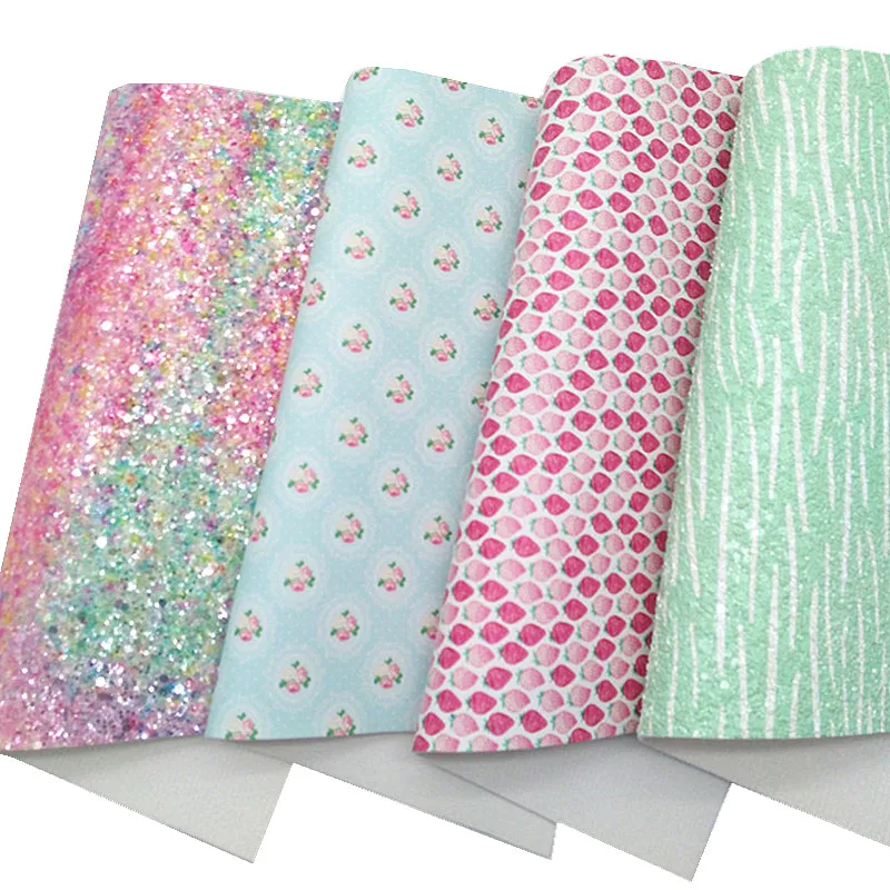 Brush Strokes Custom Glitter Leather Sheets Strawberries Flowers Printed Synthetic Leather Fabric Sheet For Bows 21x29CM Q1246