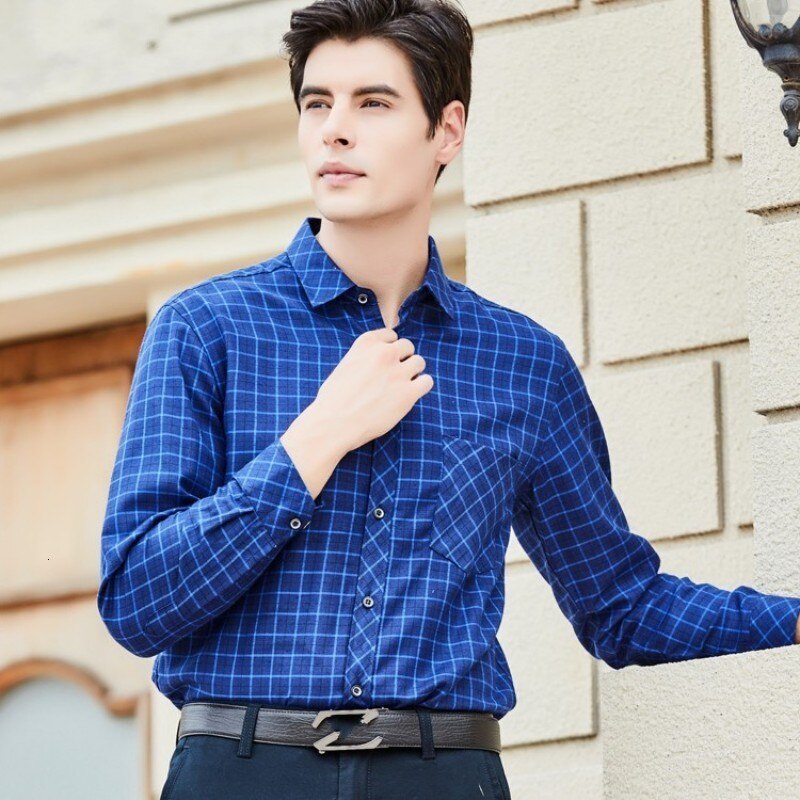 Nueva camisas de manga larga para hombre Camisa Social Masculina a cuadros estampado Koeran Camisa de trabajo de oficina ajustada de un solo pecho
