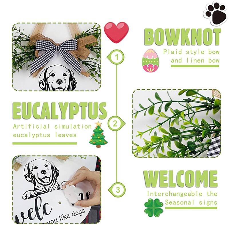 Interchangeable Seasonal Welcome Sign Wood Door Wreath with Bow Pet Wall Hanging Porch Christmas Decoration