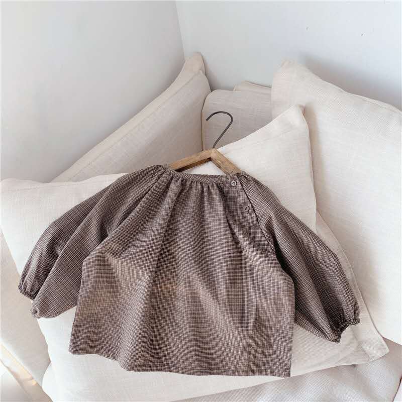 Kinderherfstproducten meisjes herfstkleding koreaanse stijl pofmouw geruit overhemd met lange mouwen overhemd: Bruin / 130cm
