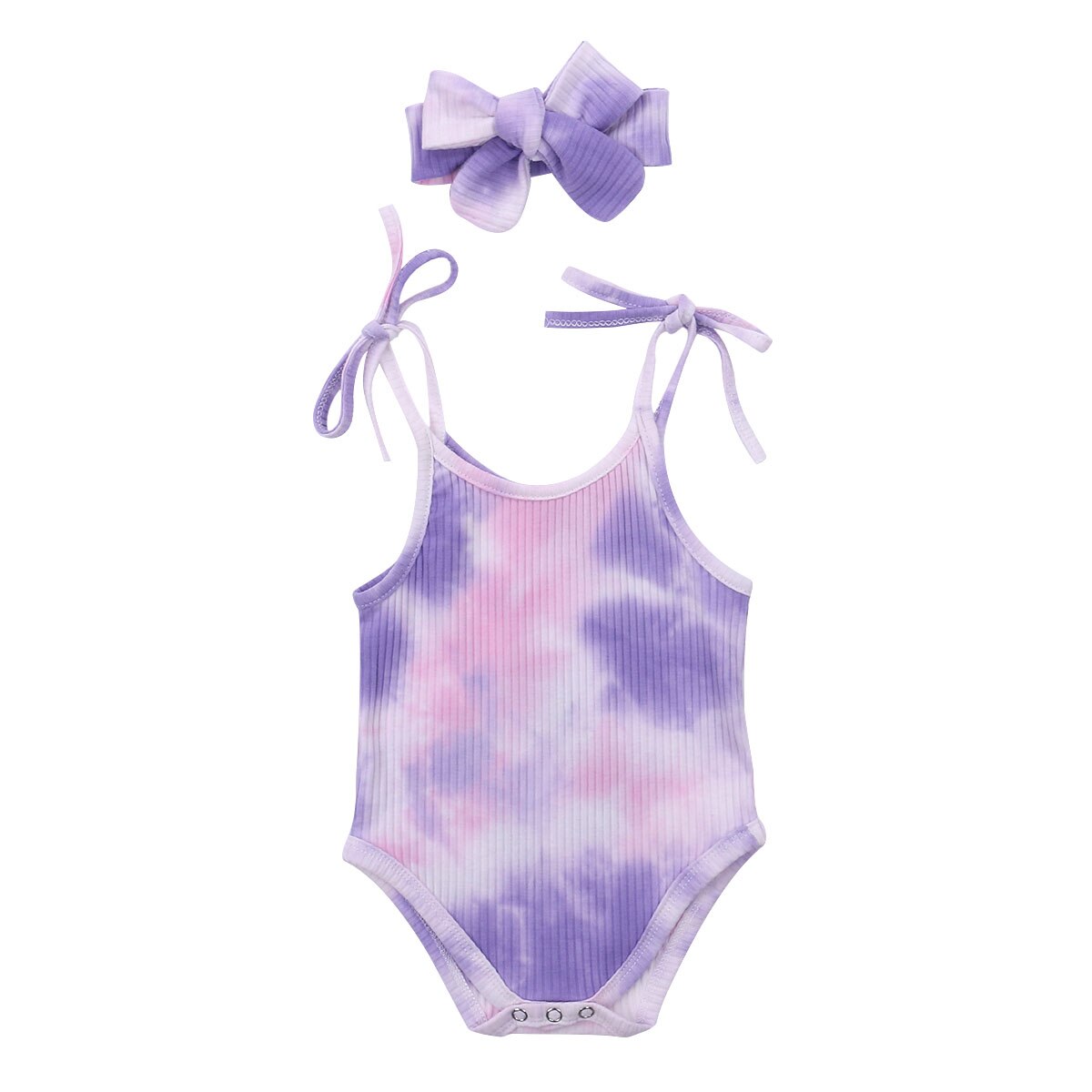 2 stuks babymeisjes jongens tie-dye mouwloze riem bodysuits hoofdband bedrukte jumpsuits 0-24m: Paars  / 24m