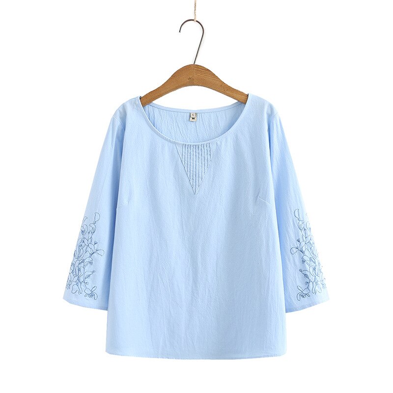 Bloemen Borduren Tops Vrouwen T-shirt Plus Size Drie Kwart Mouw O-hals Tops Xxxl 4XL KKFY5275: Blauw / Xxxl