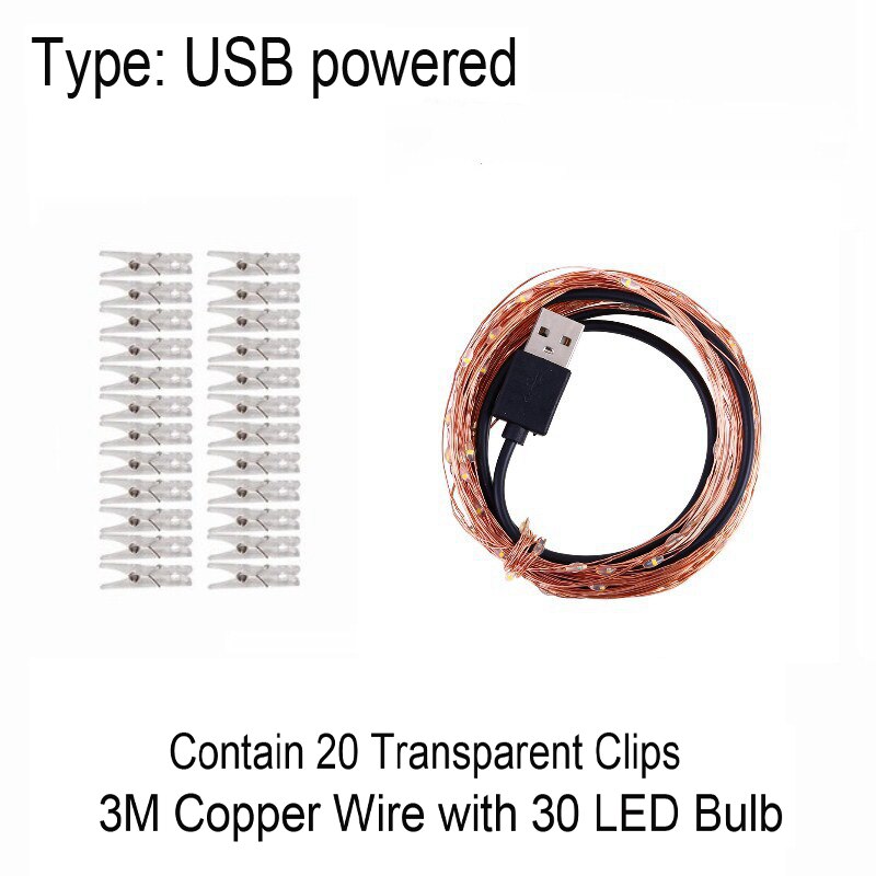 Photo Clip String Lights Battery Powered Room Decoration Fairy String Lights for Hanging Pictures Cards Party Christmas Decor: 3M USB / White