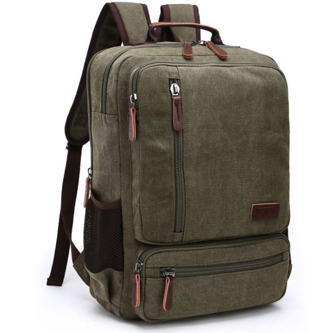Vintage Canvas Backpack - 20-35L - Laptop Compartment - School Travel - Unisex: Army Green