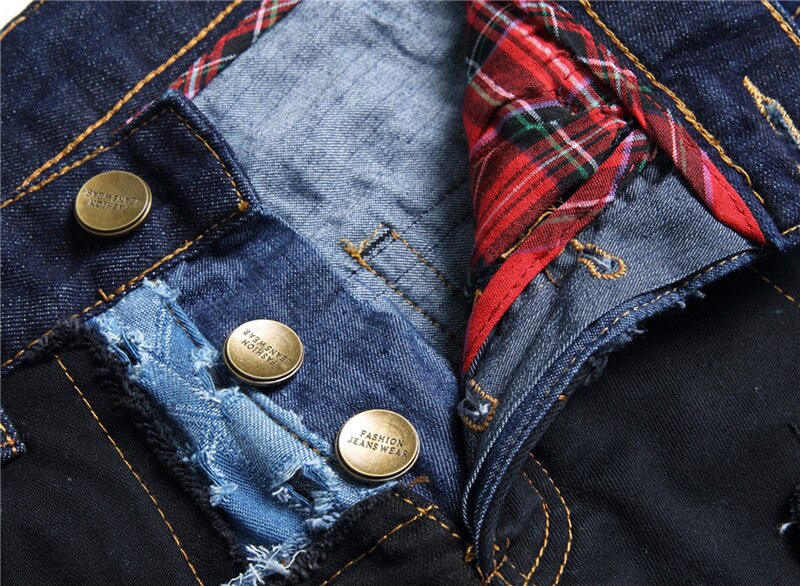 Jeans rasgado botão de ajuste reto masculino destruído retalhos punk hip hop moda algodão denim calças dropshipping