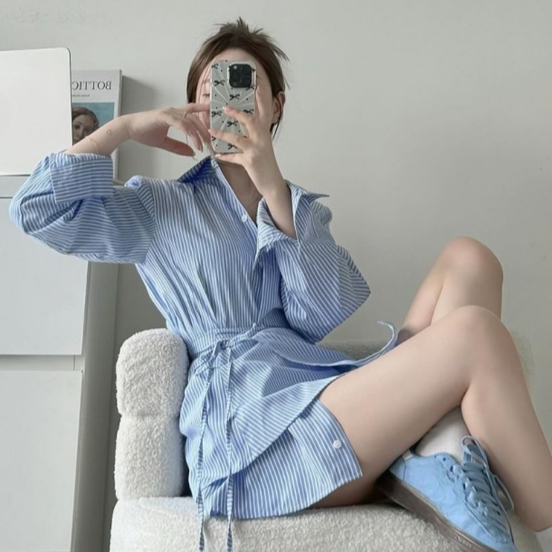Streifenhemden und Blusen, langärmelig, 2025, Damen-Blusas, einreihig, Camisas, Revers, Ropa Mujer, Frühling, Sommer, Spitzen mit Schürze