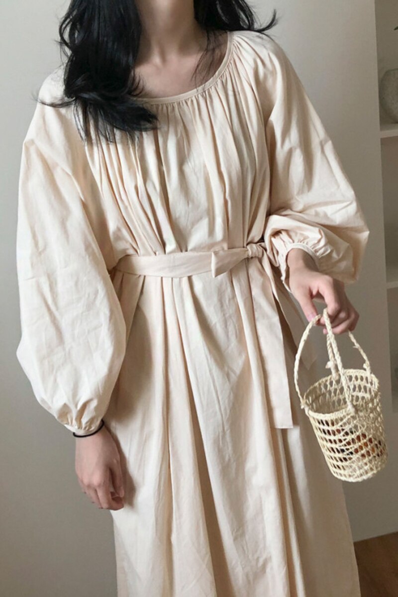 Superaen estilo coreano outono sólido o pescoço plissado laço-up cintura abraçando-bolso tornozelo comprimento longo lanterna manga vestido feminino