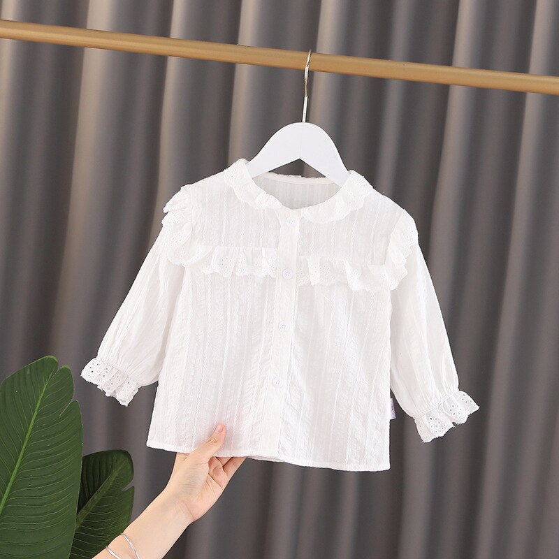 Volante para niña pequeña, Blusa de algodón para niño niña, Camisa sin mangas de manga larga, blusa blanca para otoño y primavera, ropa de bebé de 1 a 7 años: 7 años
