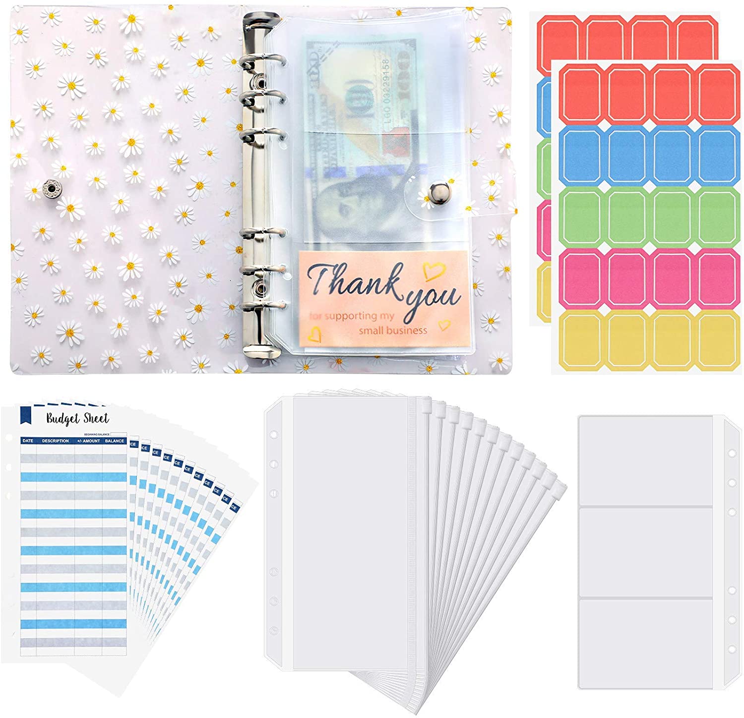 28 Pieces A6 Binder PVC Notebook Waterproof 6-Ring Binder Cover with Pockets Budget Sheets Card Bag and Labels