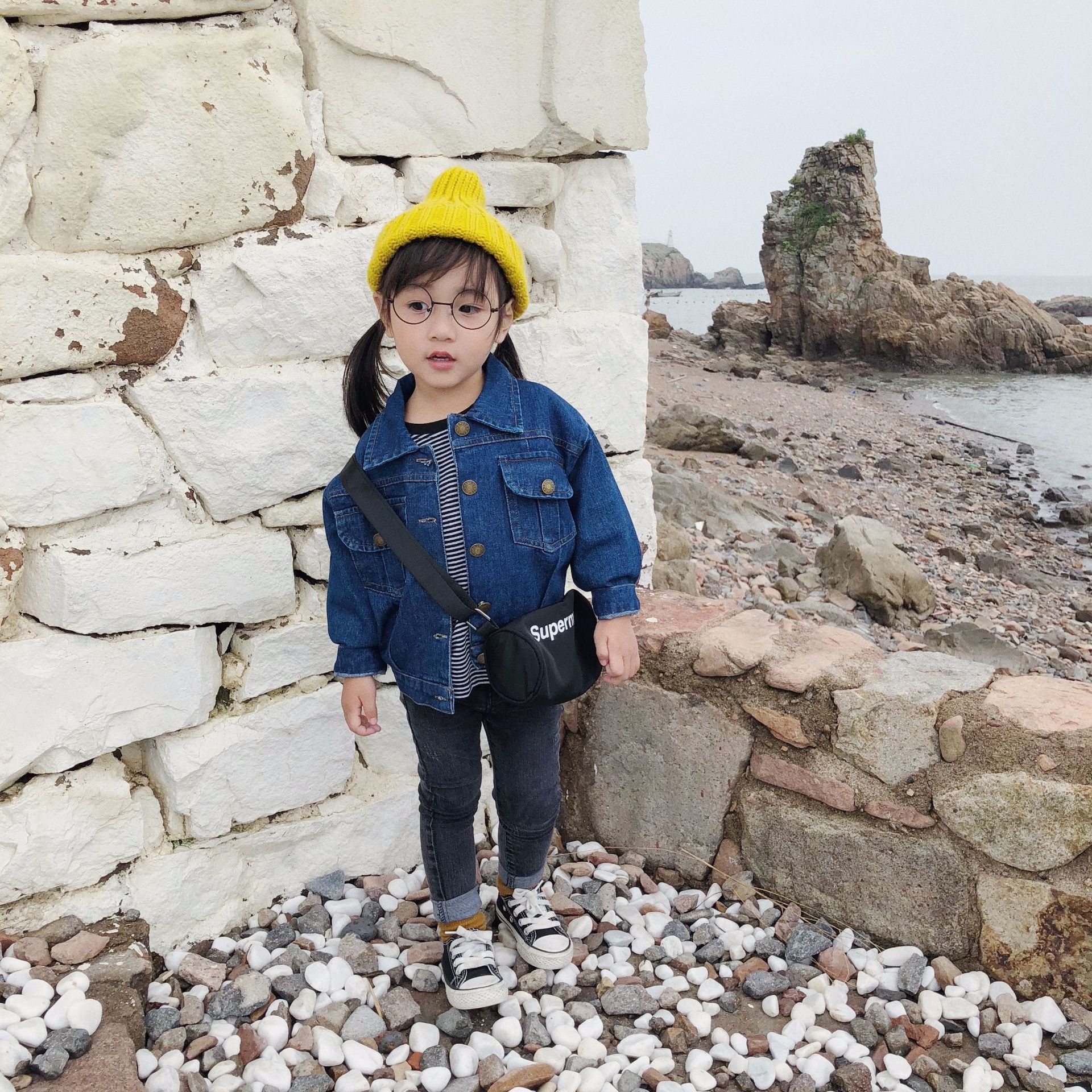 Autumn Children's Korean Lapel Deep Blue Jeans Coat winter jacket girls coat kids coats