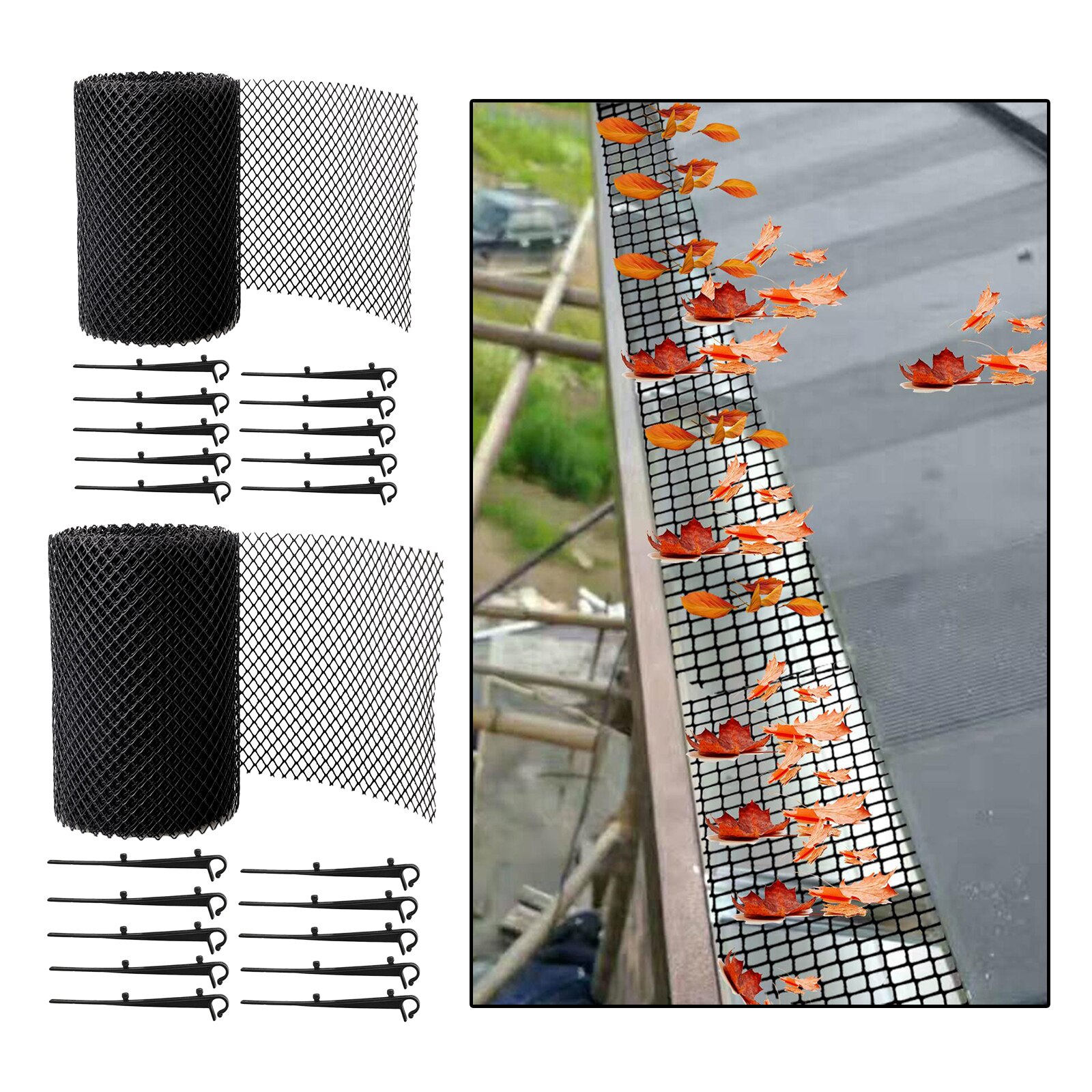 Plastic Gutter Guard Mesh, blad Bescherming Mesh Gutter Guards Roll Blad Guard Splash Dak Panelen Zwart Met 10 Vaste Haken