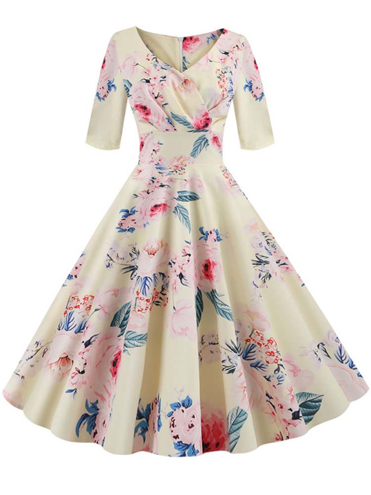 Vestido de otoño-invierno de media manga para mujer, estampado Floral, Vintage, informal, Rockabilly, Pin Up: S / 002