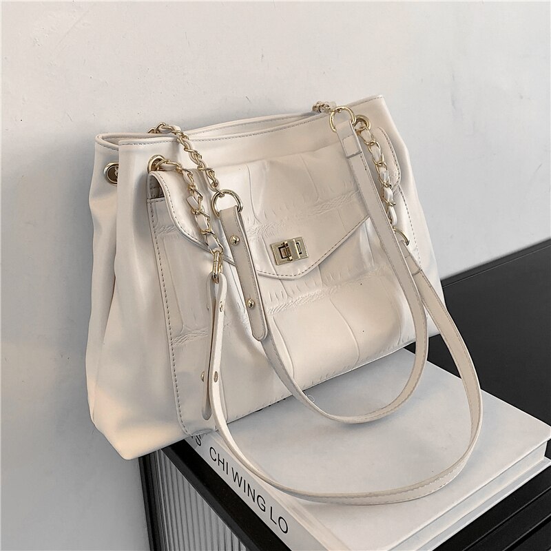 Vrouwen Schoudertas Grote Capaciteit Eenvoudige Handtas Lock Front Flap Vrouwelijke Tas: WHITE