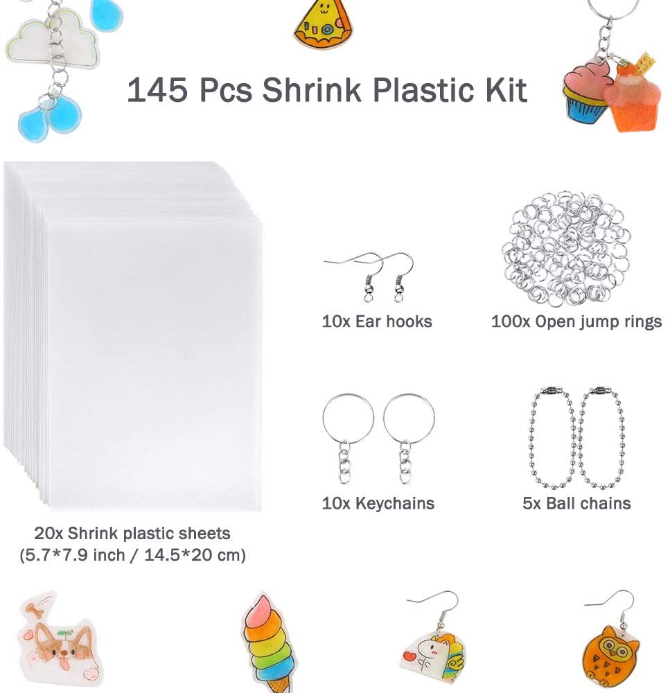 198Pcs Shrinky Plastic Vel Kit Krimpkous Vel Art Papier Perforator Sleutelhangers Potloden Tekening Supply Charmes Maker: 145pcs