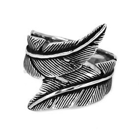 Vintage Feather Ring Stainless Steel Jewelry Eagle Wing Biker Mens Ring SWR0463A