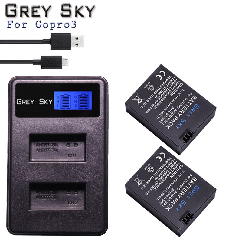 3Pcs 1600Mah Hero 3 Gopro Hero3 Batterij Vervanging + Led Dual Usb Charger Voor Gopro Go Pro Hero 3 3 + Camera: charger and battery