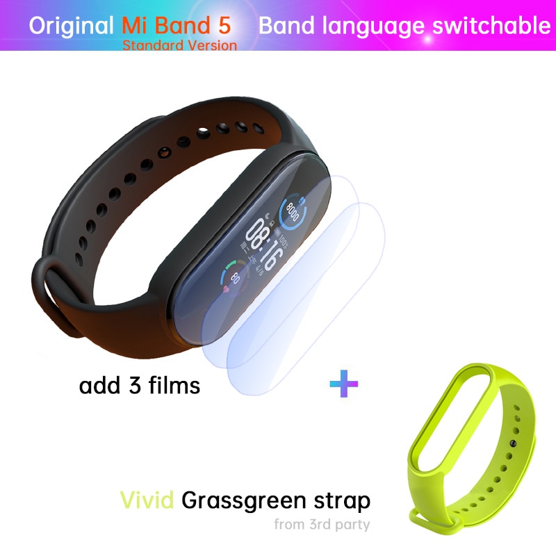 Xiaomi-Pulsera Mi Band 5 de fitness, reloj con monitor deportivo del ritmo cardíaco las 24 horas, carga magnética, sueño REM, siesta, pasos, natación, alarma de recordatorio,: STD n film grass