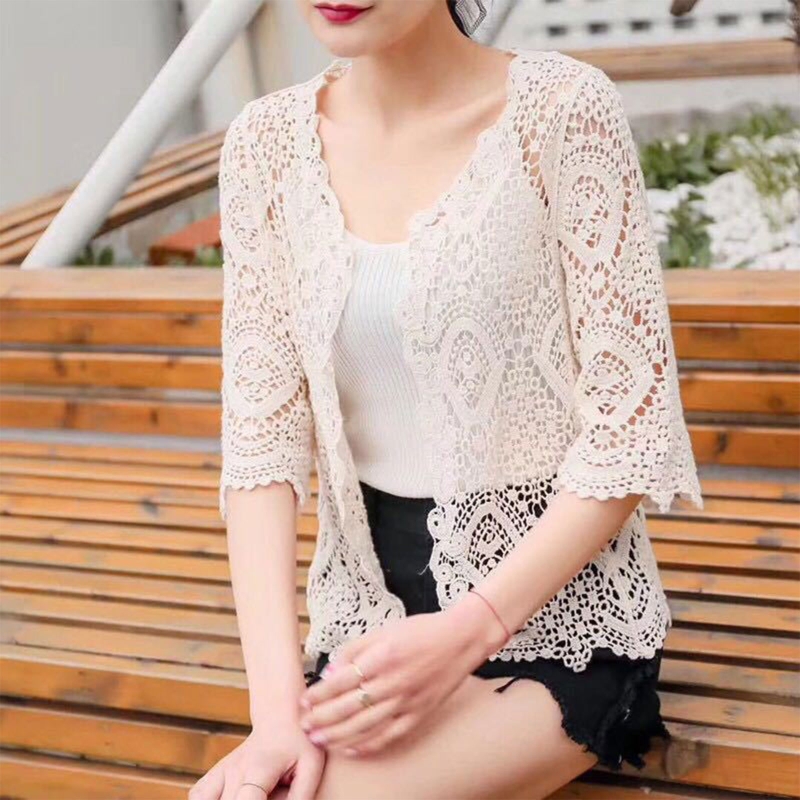 Women Knitted Lace Shrug Boho Hollow Crochet Floral 3/4 Sleeves Open Front Cropped Cardigan Mesh Sweater Coveup