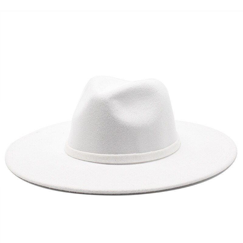 9.5CM Women Men Big Wide Brim Wool Fedora Hat British Style Winter Gentleman Lady Jazz Church Hats: White