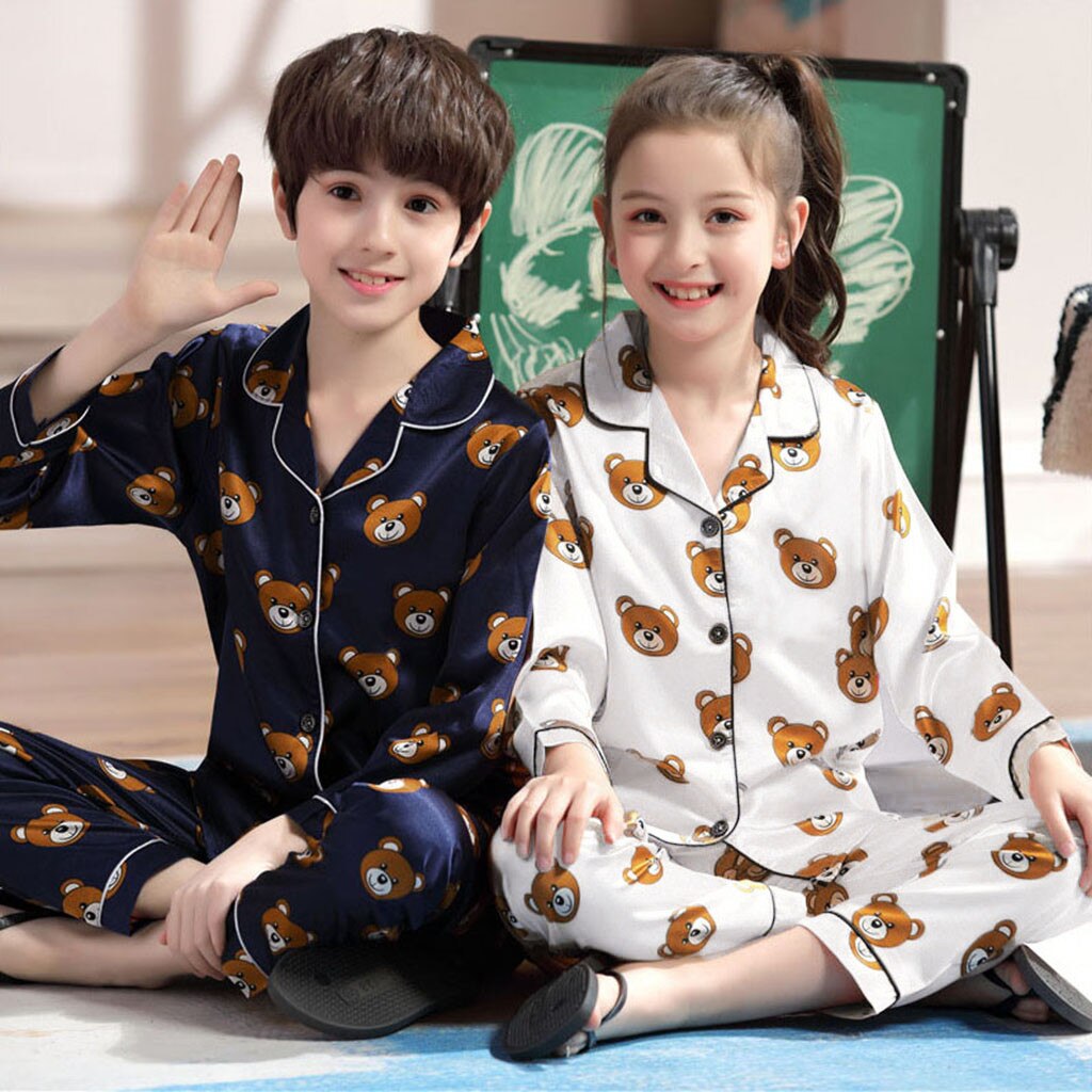 Toddler Sleepwear Outfits Boy Winter Long Sleeve Cartoon Bear Tops+Pants Pajamas Keep Warm Turn-down Collar Single Breasted D27#