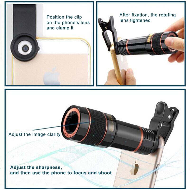 Clip-Op 12x Telefoon Lens Optische Zoom Hd Tele Camera Macro Lens Kit Voor Universele Mobiele Telefoon Smartphone Telescoop focus Len