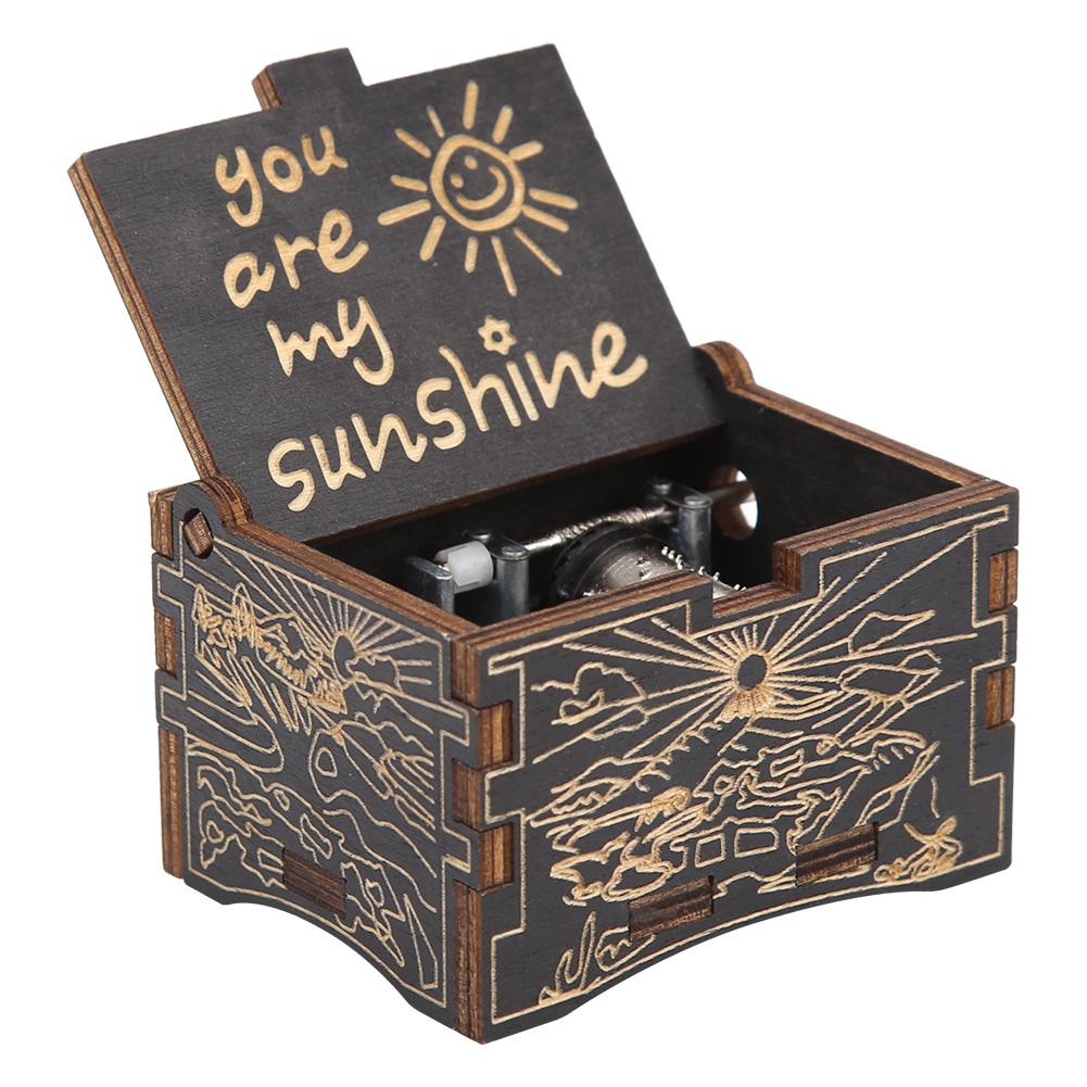 Wooden Hand Cranked Music Box Retro You Are My Sunshine Engraving Pattern Household Decoration Birthday Party Ornament