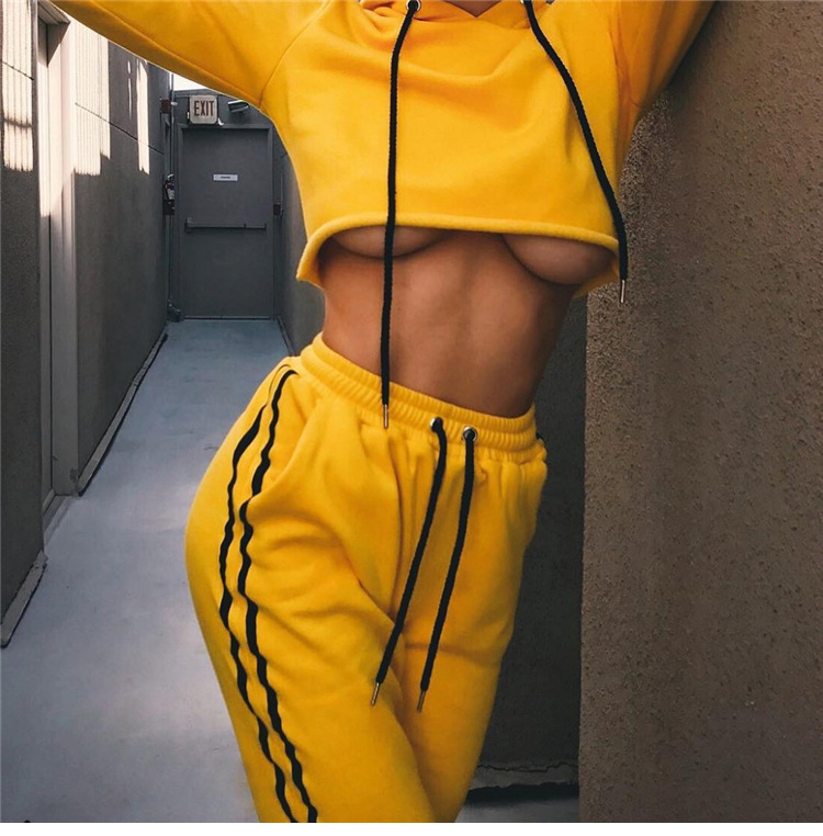 Yellow Striped Suit Set Women Tracksuit Two-piece Style Outfit Sweatshirt Sport Wear