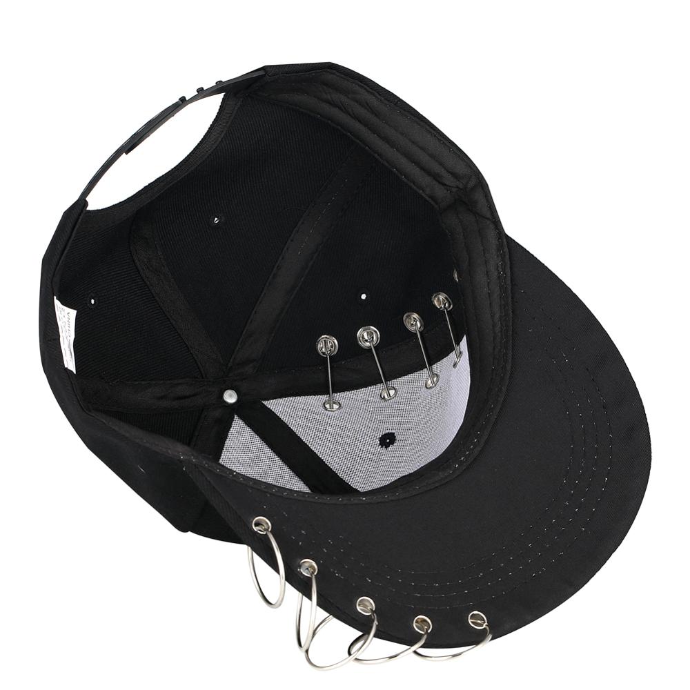 Punk Rock Style Hip Hop Hats Unisex Pin Metal Ring Baseball Cap Black Snapback Caps Tide HipHop Cap Men Women