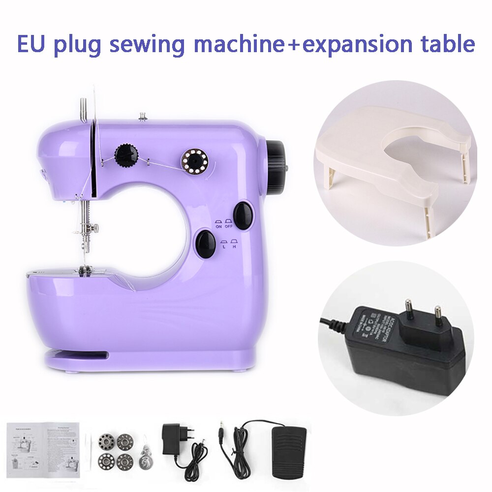 Sewing Machine Mini Portable Electric Household Pedal Multifunctional With Night Light Handmade DIY Purple For Beginners: EU plug with table