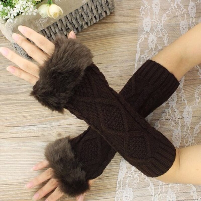 Kvinders handsker imiteret pels håndvarmere vinterhandsker kvinder arm hæklet faux uld vanter strikkede varme fingerløse handsker