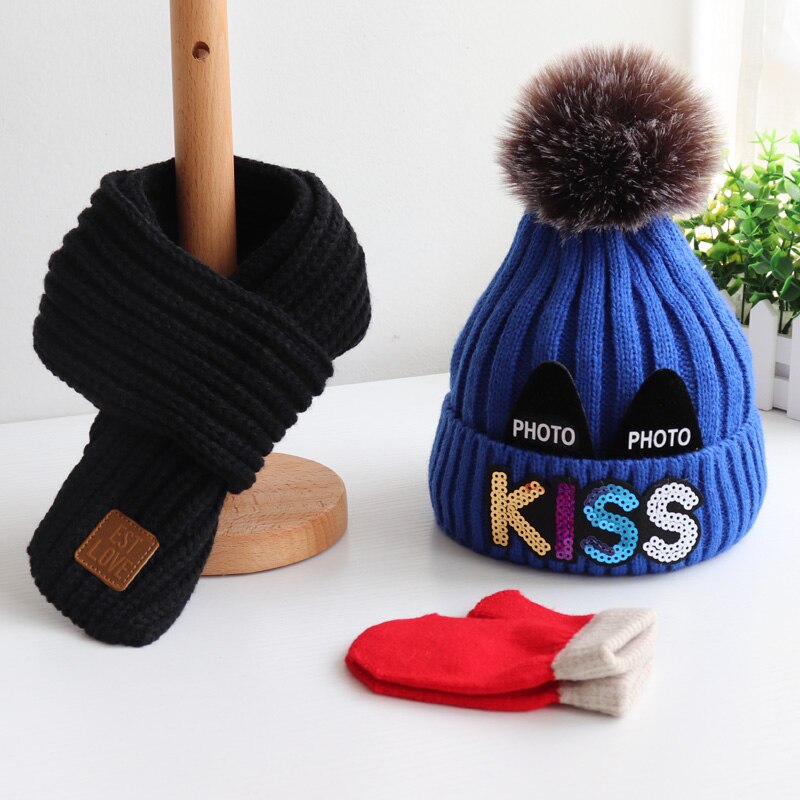 Conjunto de tres piezas de guantes para sombrero y bufanda para niños y niñas, en otoño e invierno, precioso gorro de lana tejido y bufandas cálidas: deep bule black
