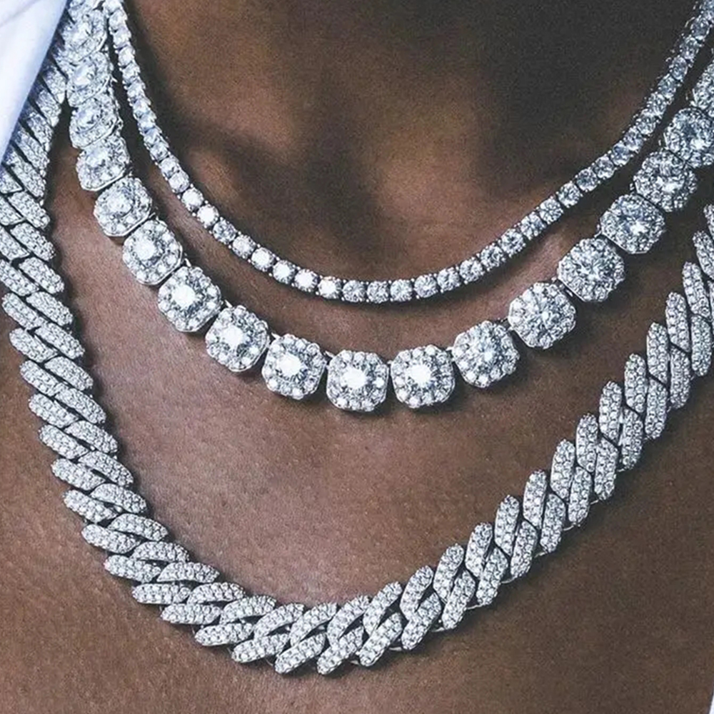 Iced Out Diamond Cuban Link Chain Necklace Men Women Rhinestone Paved Hip Hop Rhombus Cuban Necklaces Tennis Chain Jewelry