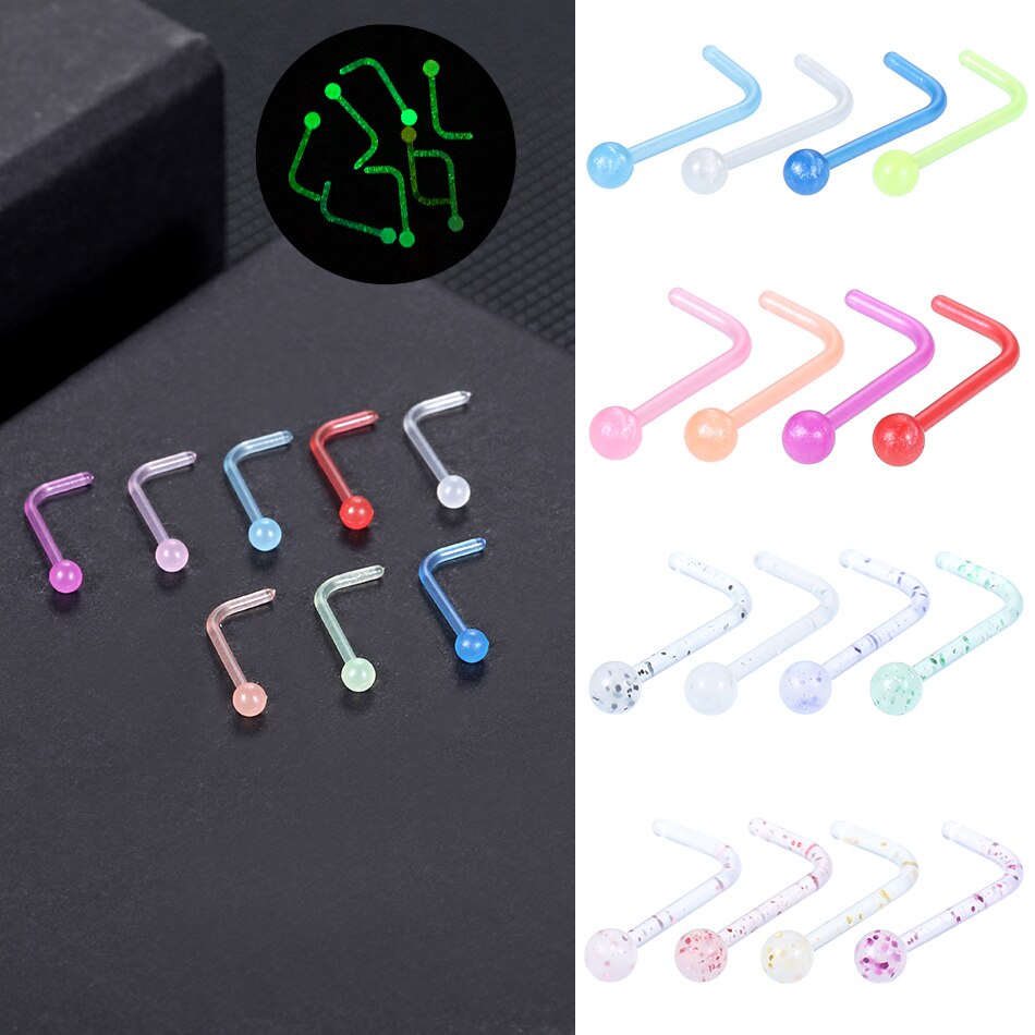 8 pz/lotto acrilico L forma naso perno pacchetto 20G colorato perno naso squillare impostato naso vite piercing Nariz lotto narice orecchino piercing