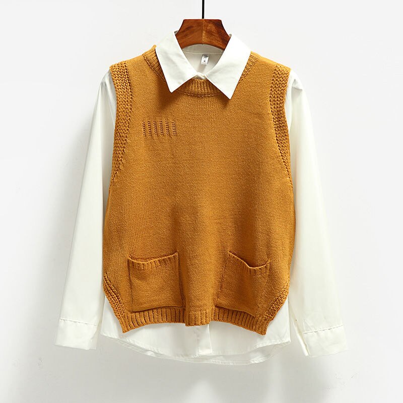 Solid ydre slid rund hals strik vest korte kvinder efterår og vinter koreansk ærmeløs vest sweater: Brun