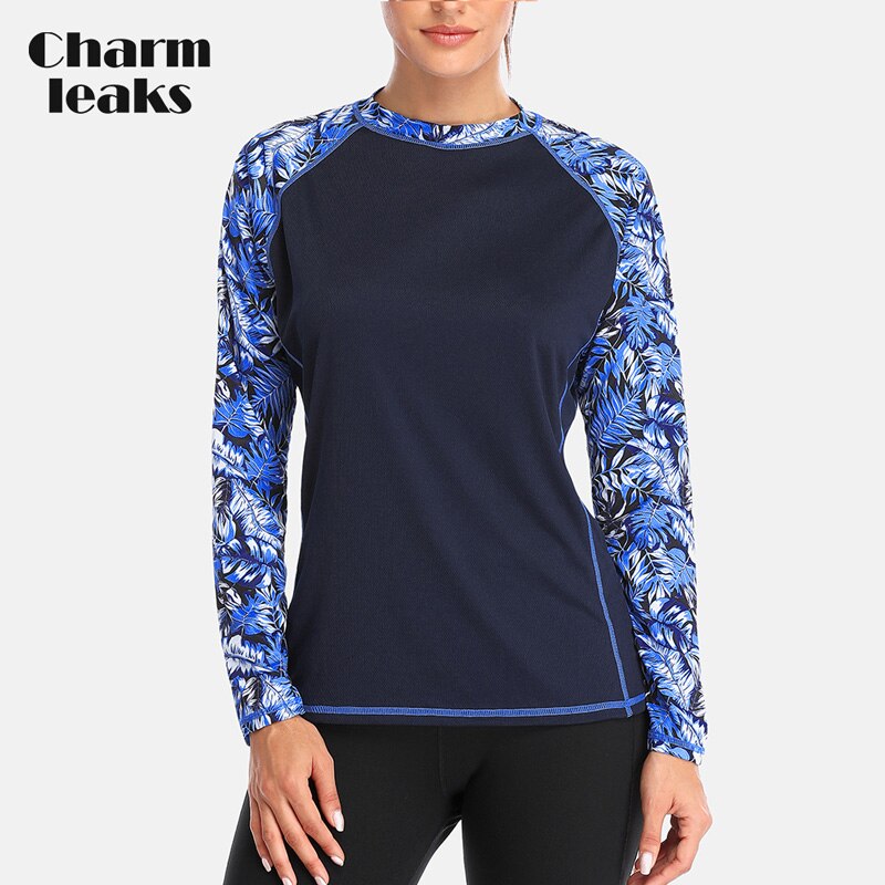 Charmleaks langærmede kvinder rashguard retro blomsterprint hurtigtørrende skjorte løbetop vandreskjorter rash guard upf 50+: Nav / M