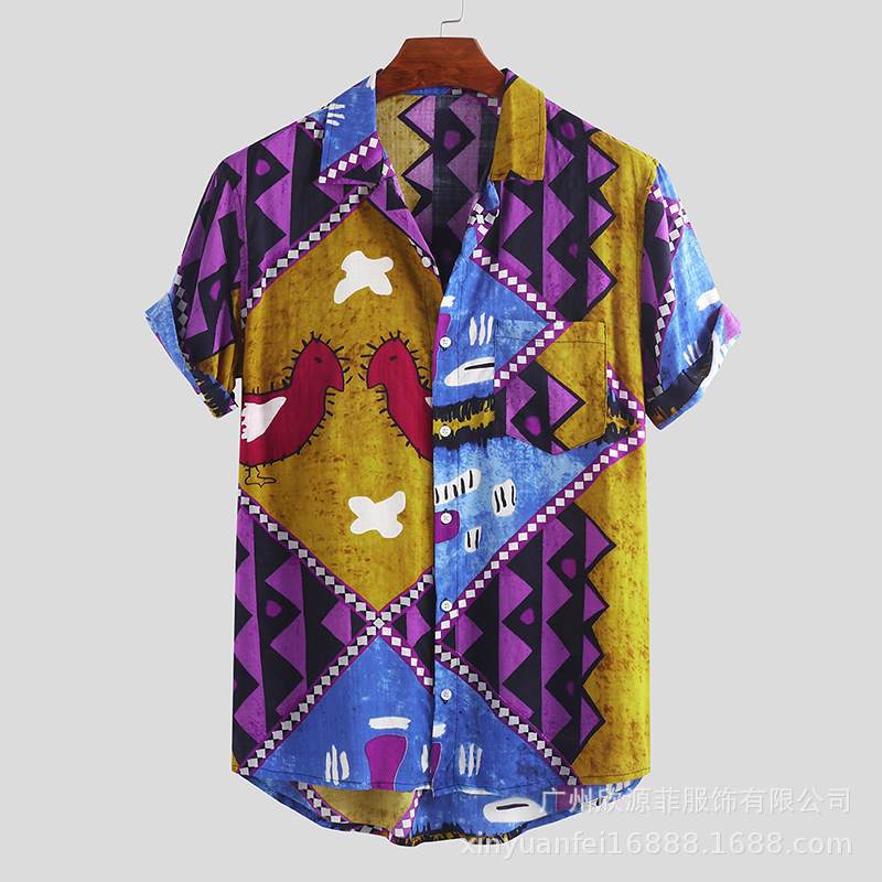 Men Beach Shirt Purple Print Short Sleeve Lapel Neck Button Leisure Hawaiian Shirts Men's Short Sleeve Button Tops Summer: Purple  / XXXL