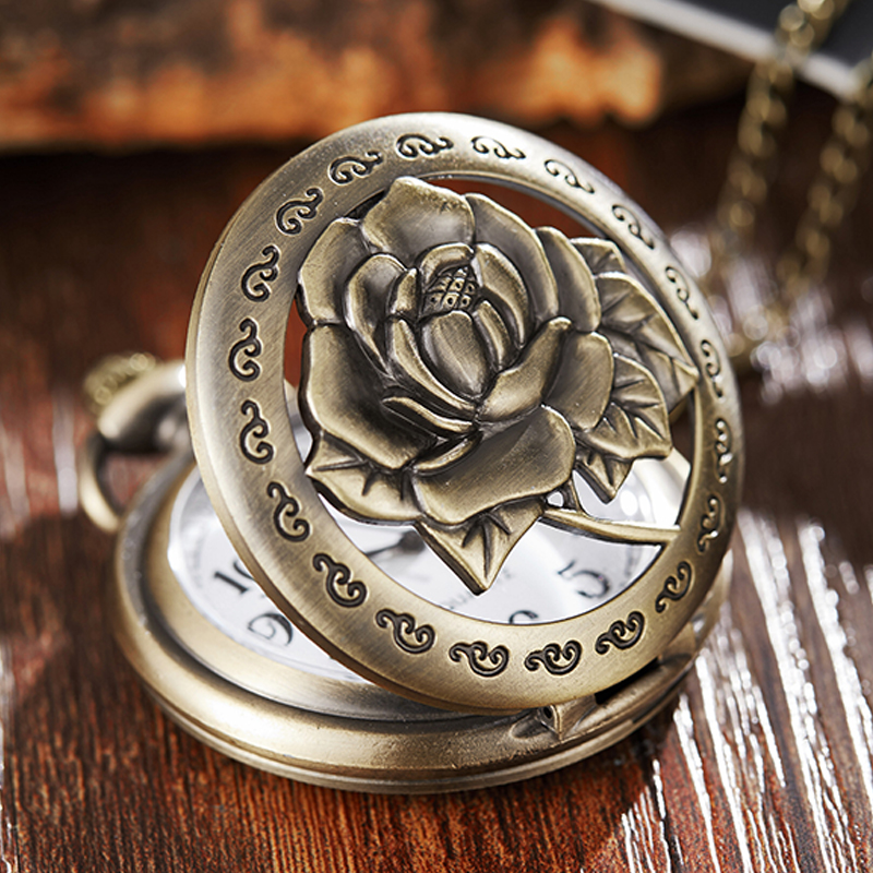 Ancient Pocket Watch Fob Chain Flower Rose Engrave Clock Mens Flip Bronze Case Watch Vintage Male Watches for Men Women