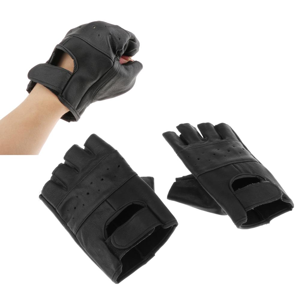 Unisex Punk Women Men Black Half Finger Leather Winter Fingerless Gloves