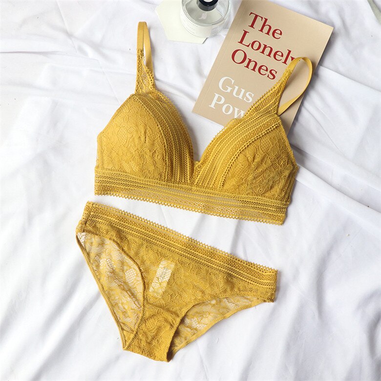 Neue Frauen 4 Farbe Unterwäsche Französisch Draht-Freies Ultra-dünne Bralette sexy Spitze Dreieck Tasse drücken-hoch Bh einstellen Baumwolle Bh und Höschen: Gelb / M  70D 75B 75C 80A