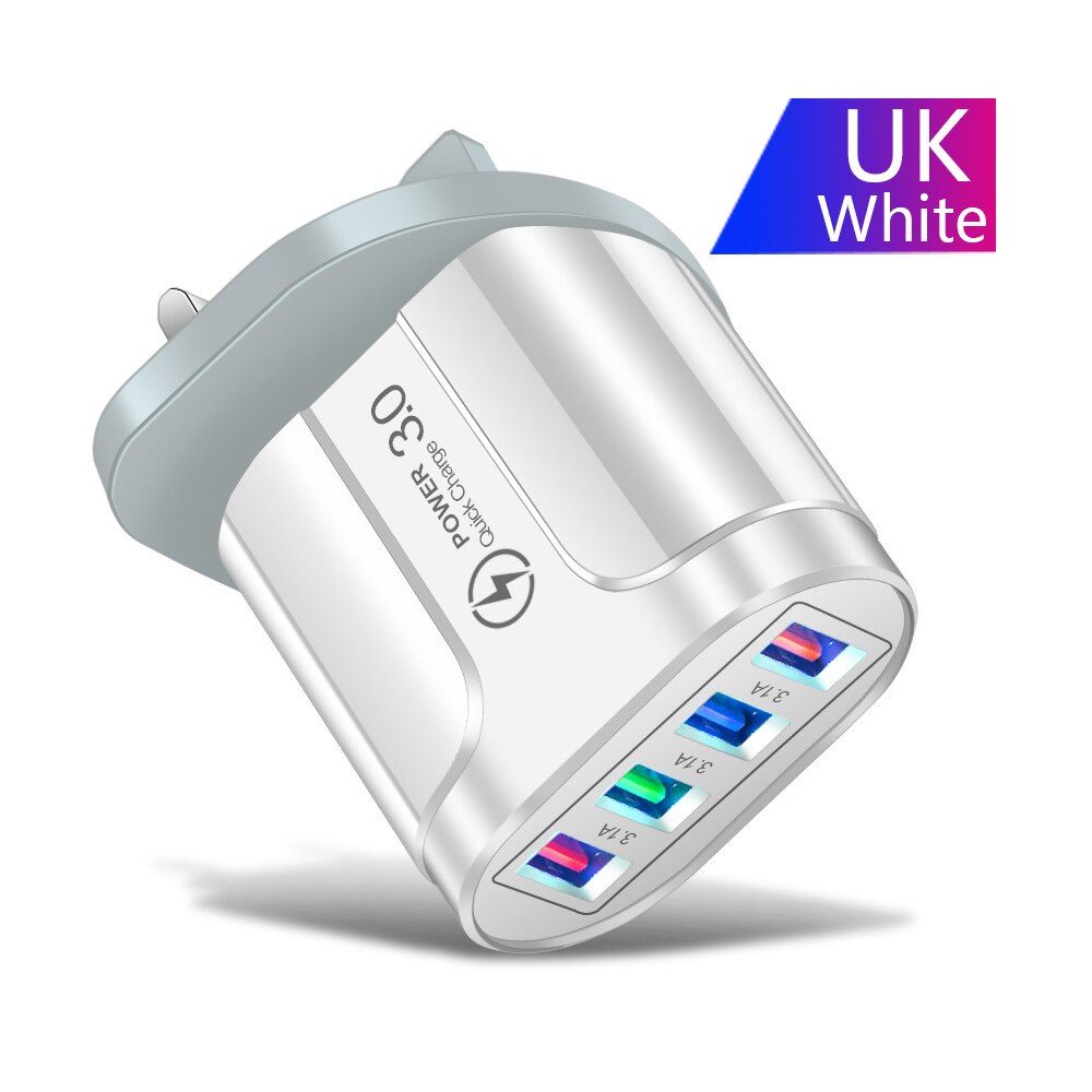 Uthai HC-385 3A 4-Port Mobiele Telefoon Oplader Led Licht 4 Usb Lader Opladen Hoofd Mobiele Telefoon Reislader: UK-White