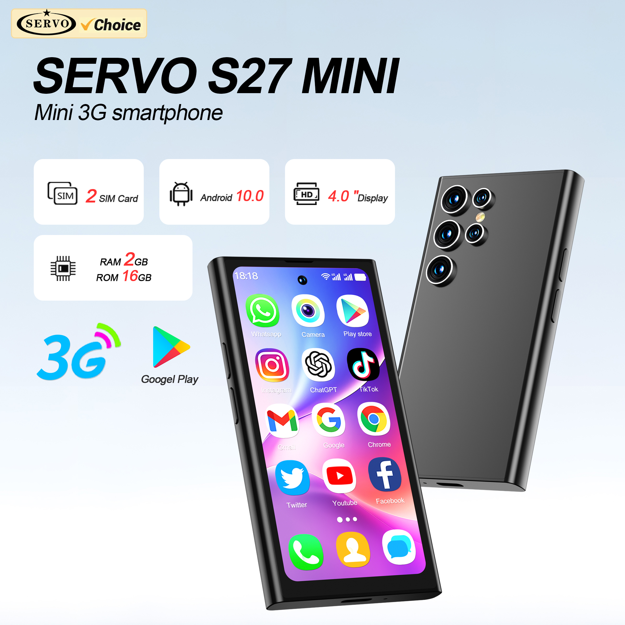 SERVO S27 Mini Android kleine Smartphone 3G WCDMA 16GB Rom abspielen Geschäft WiFi Gesicht Freischalten 4,0" Niedliches Mobiltelefon Dual SIM bereithalten