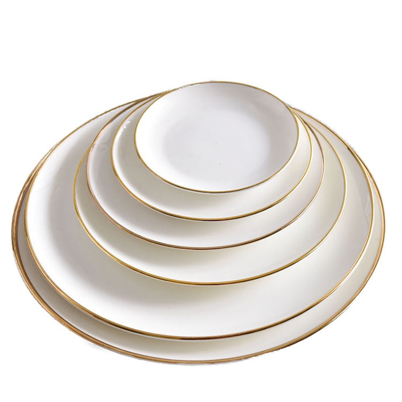 Brief Solid Round Ceramic Plate Bone China Golden Edge Dinner Plate Porcelain Household Breakfast Dishes Steak Tray Snack Plate
