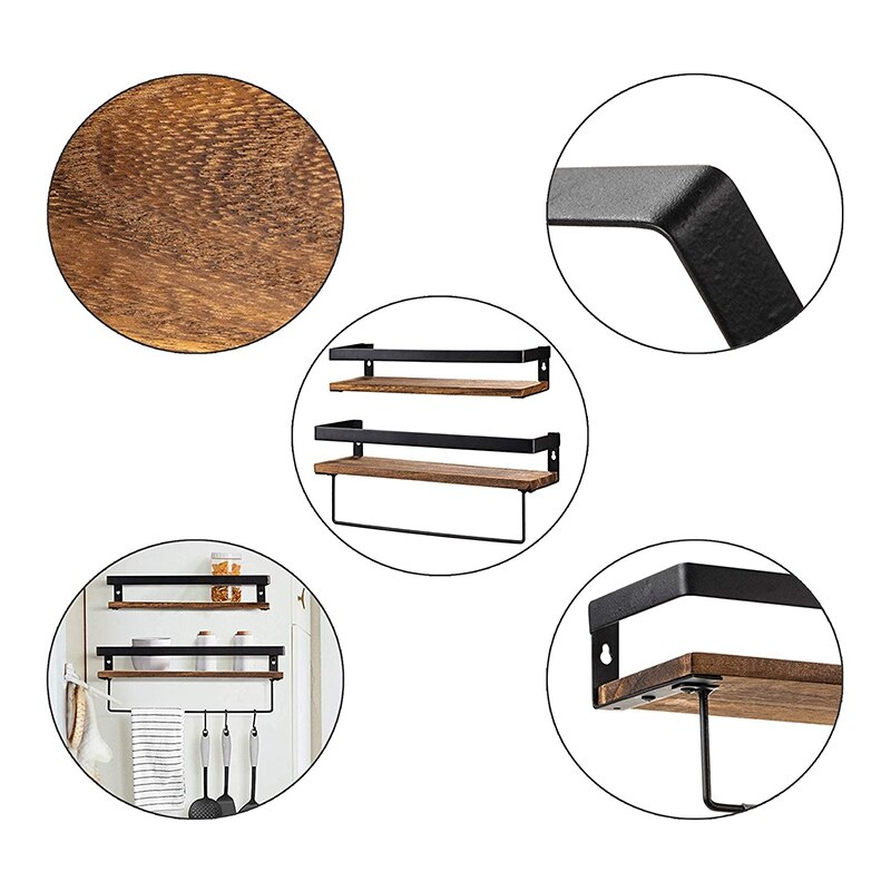 Mensola portaoggetti per bagno impostato da parete di 2, mensole galleggianti in legno rustico con portasciugamani rimovibile, perfette per cucina, bagno