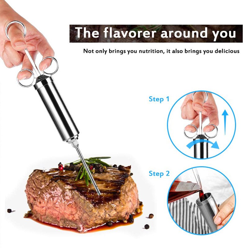 Stainless Steel Seasoning Injector 2 OZ Meat Injector BBQ Meat Syringes with 3 Marinade Injector Needles for BBQ Meat Smoker