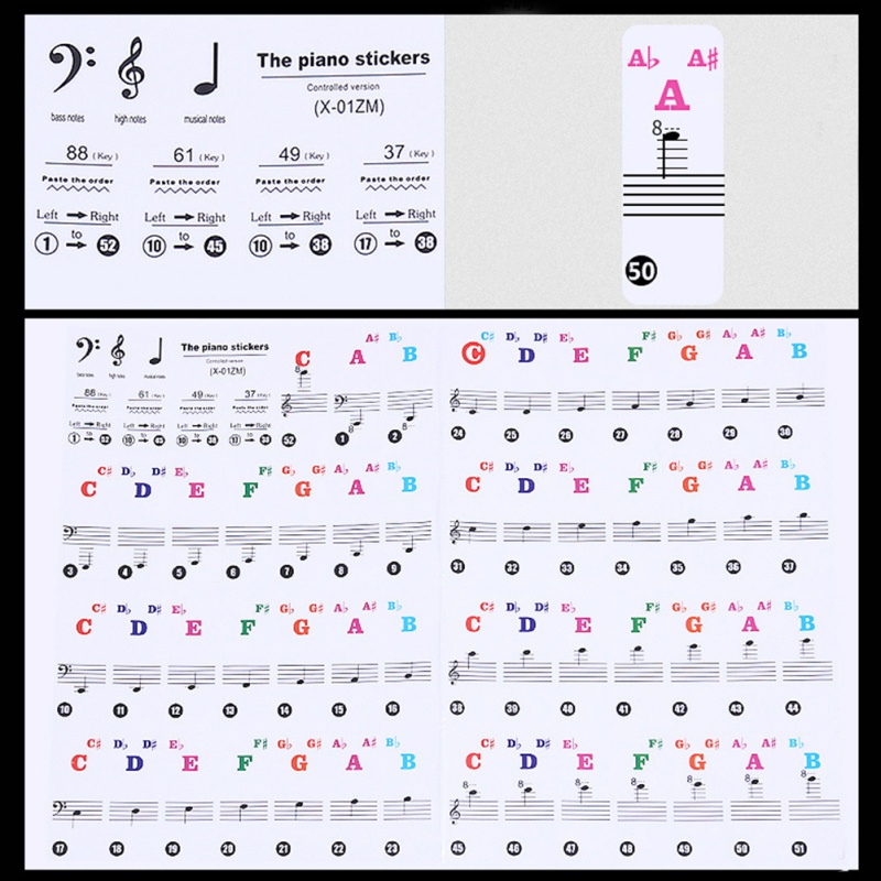 88/61 Key Color Piano Letter Notes Stickers Keyboard Hand Roll Piano Keyboard Notation Transparent Stickers Instruments