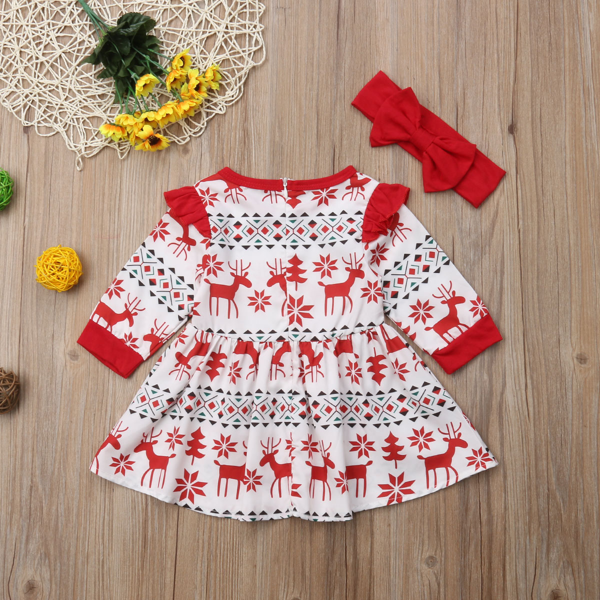 Pudcoco Baby Flicka Julklänning Prinsessa Set 2ST Volang Långärmad Tecknad Rådjur Tomte Klänning+Hårband