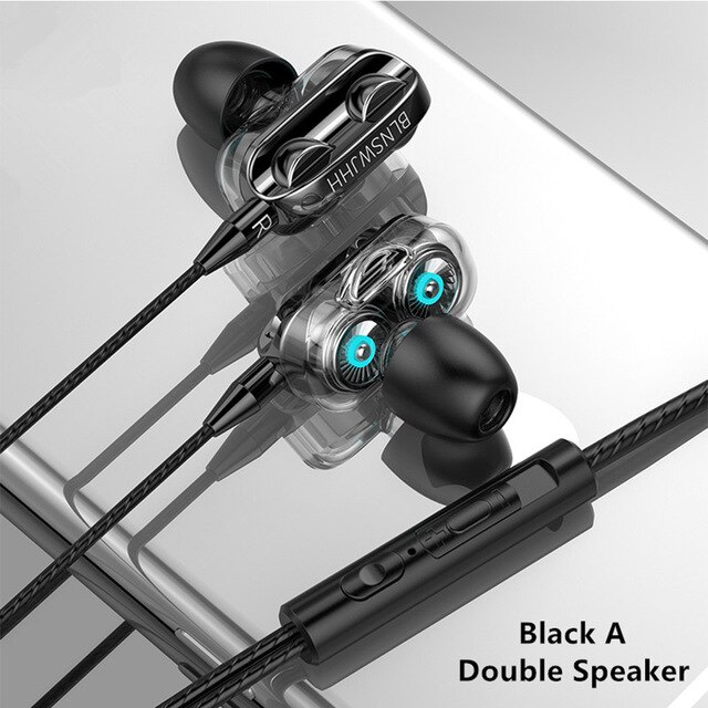 3.5mm In Ear Earphones Wired Sport Gaming Headset For Computer iPhone Xiaomi Dual Drive Stereo Dual Speaker Earbuds With Mic: Black-Double Speaker