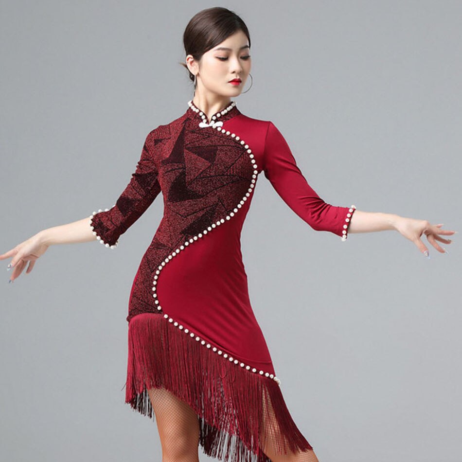nueva 7014 de retales con borlas falsa perla de línea vestido de baile latino para mujer actuación de baile de salón de baile Samba Tango